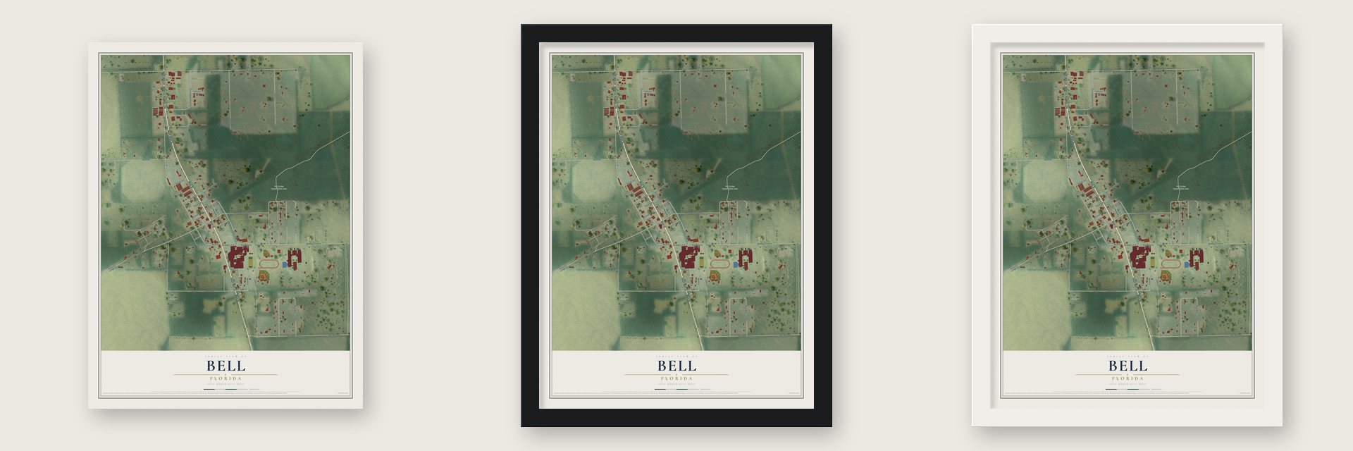 Bell, Florida map unframed, in a black wood frame and in a white wood frame