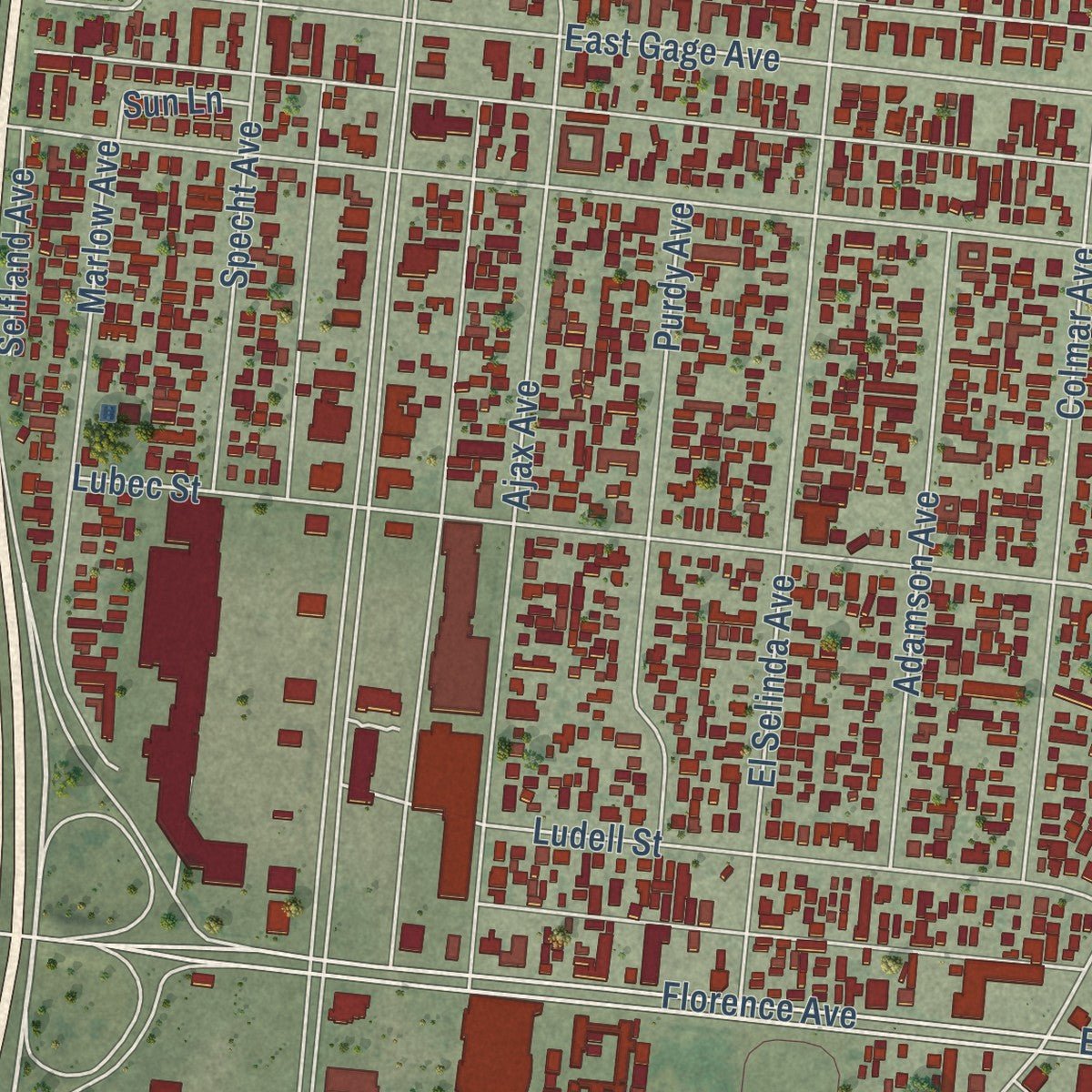 Second close-up of the map of Bell Gardens, California print showing more streets and buildings