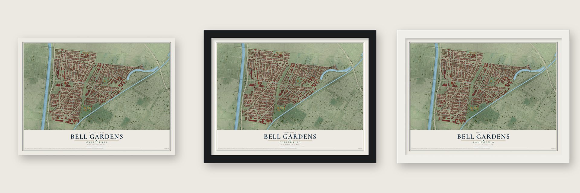 Bell Gardens, California map unframed, in a black wood frame and in a white wood frame