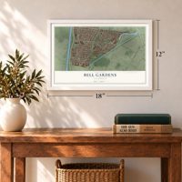 Bell Gardens, California map, 12 x 18 inch print in a white frame in an entryway