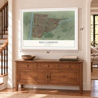 Bell Gardens, California map, 24 x 36 inch print in a white frame above a dresser by a staircase