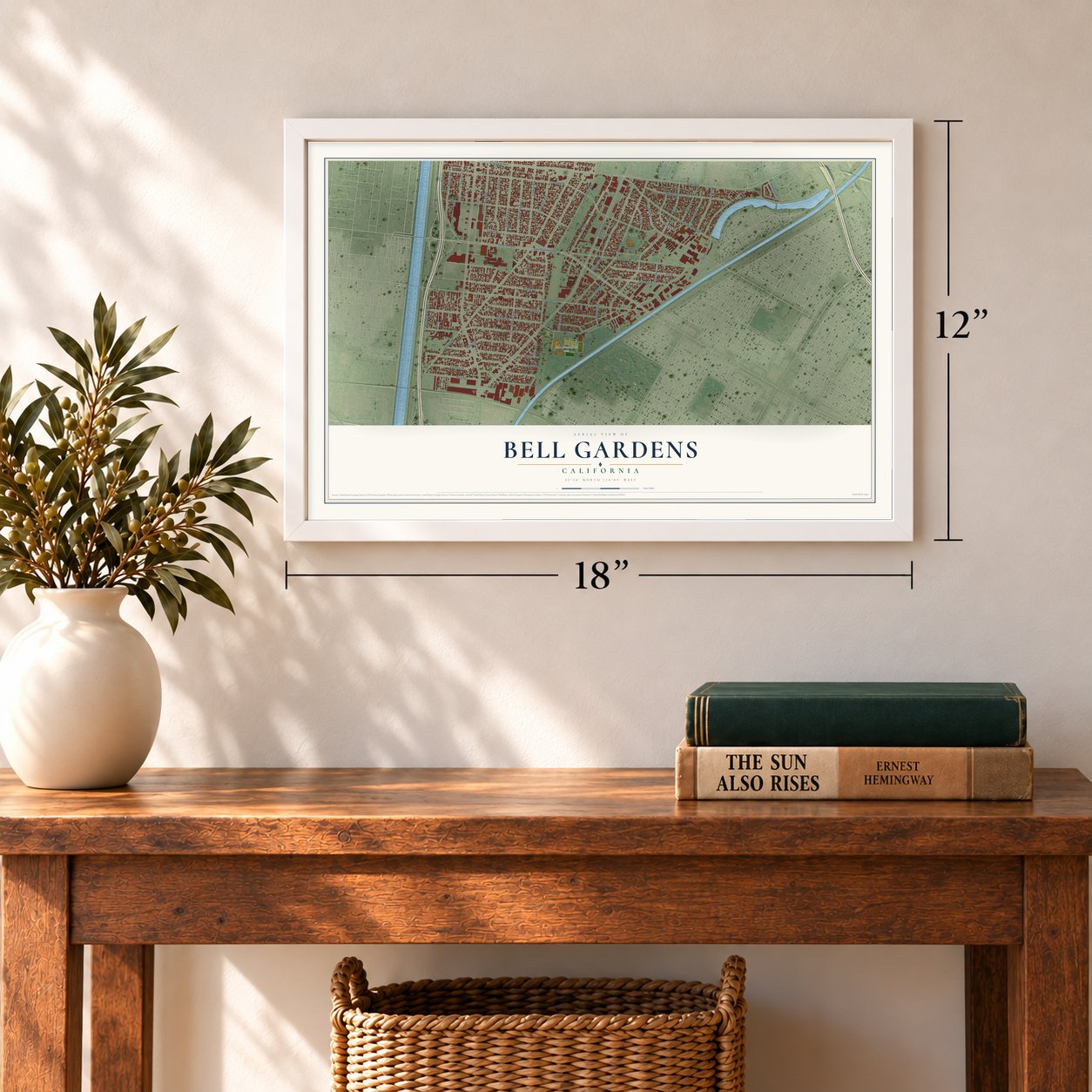 Bell Gardens, California map, 12 x 18 inch print in a white frame in an entryway