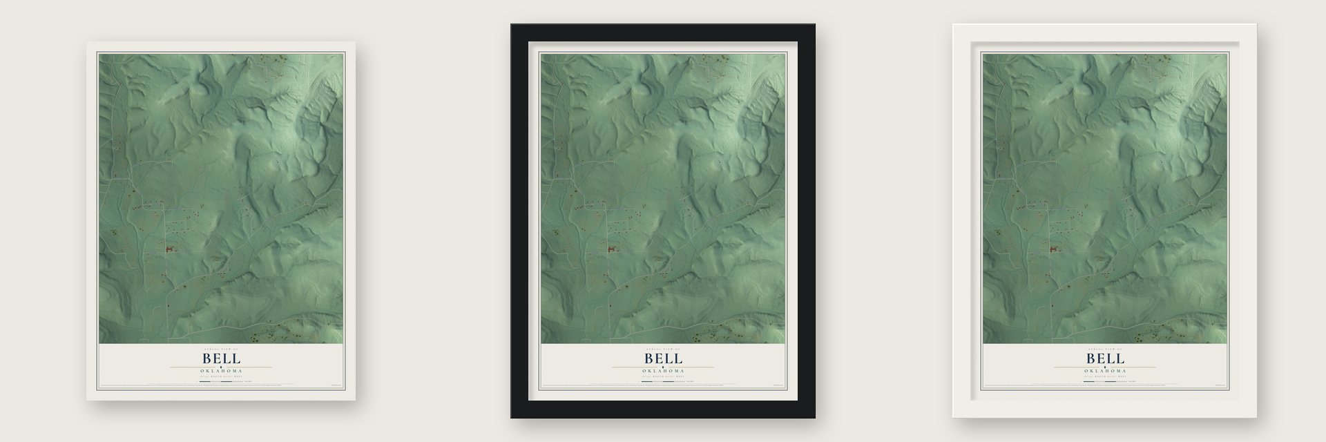 Bell, Oklahoma map unframed, in a black wood frame and in a white wood frame
