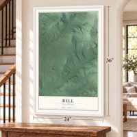 Bell, Oklahoma map, 24 x 36 inch print in a white frame by a staircase
