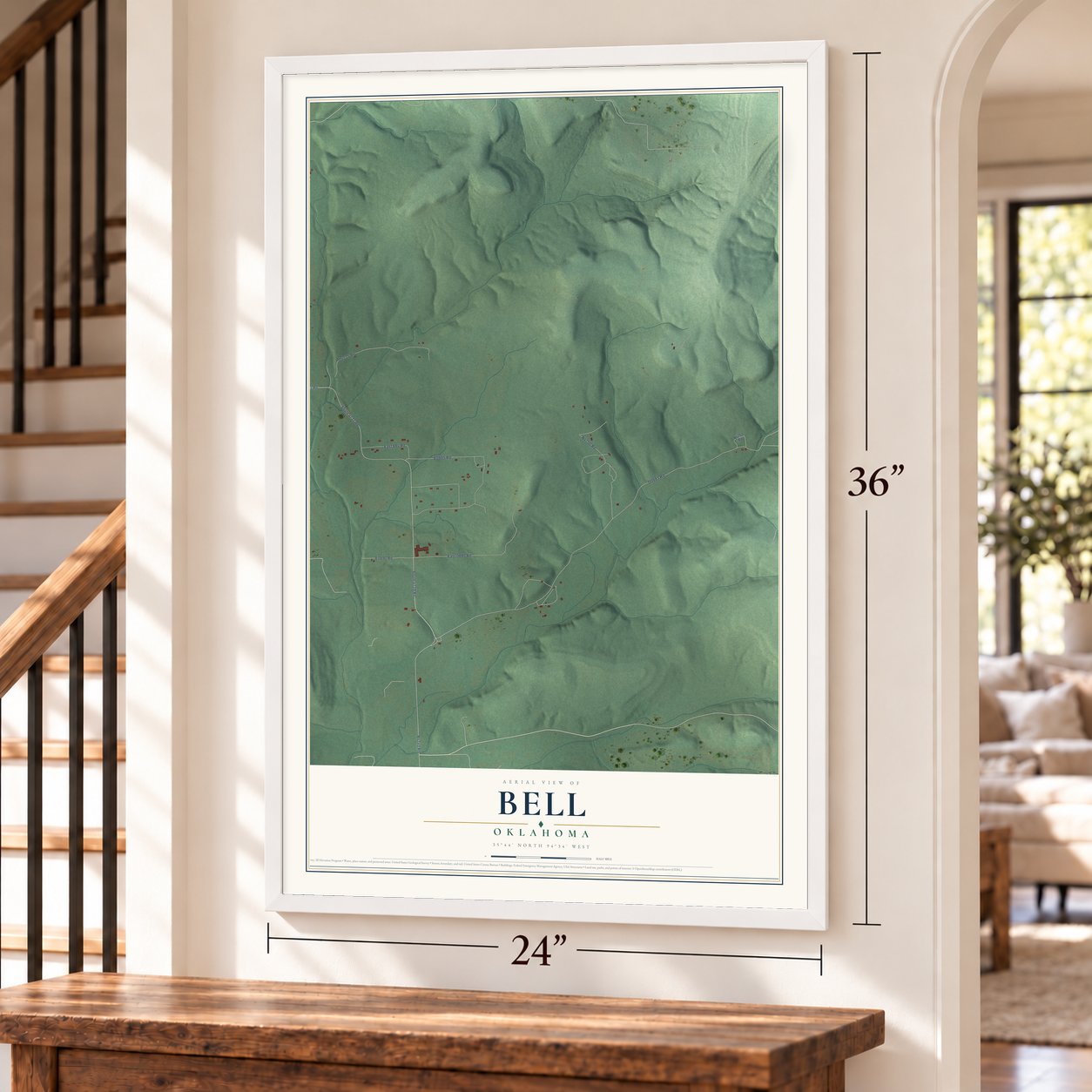 Bell, Oklahoma map, 24 x 36 inch print in a white frame by a staircase