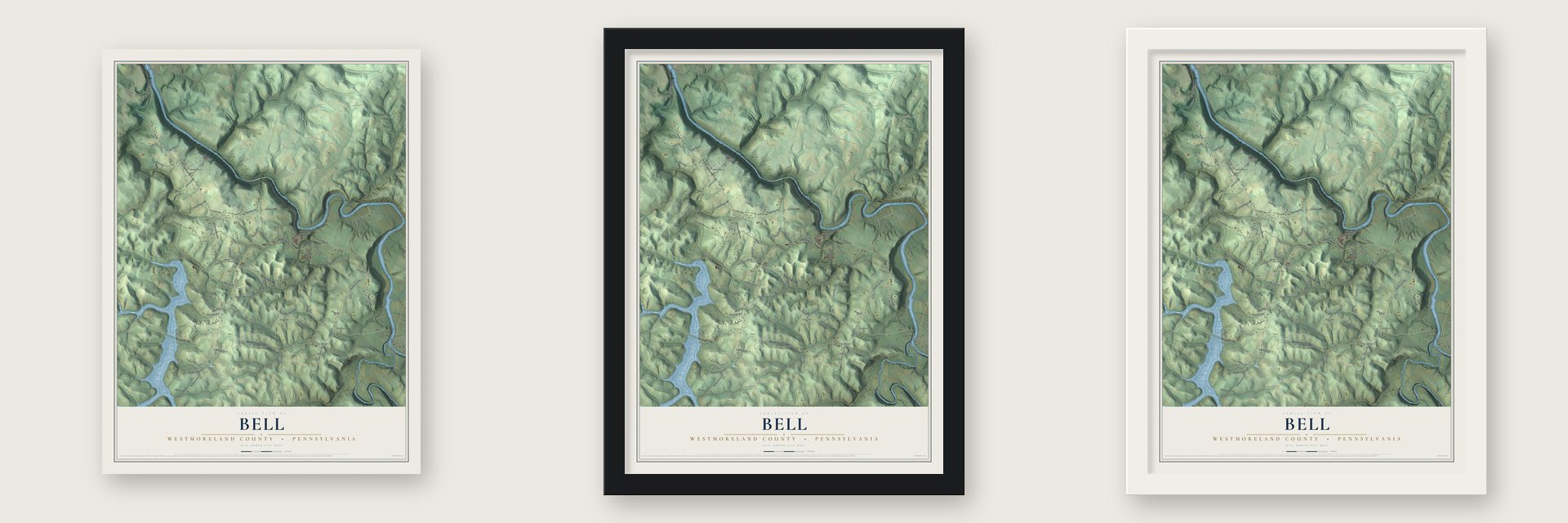 Bell, Westmoreland County, Pennsylvania map unframed, in a black wood frame and in a white wood frame