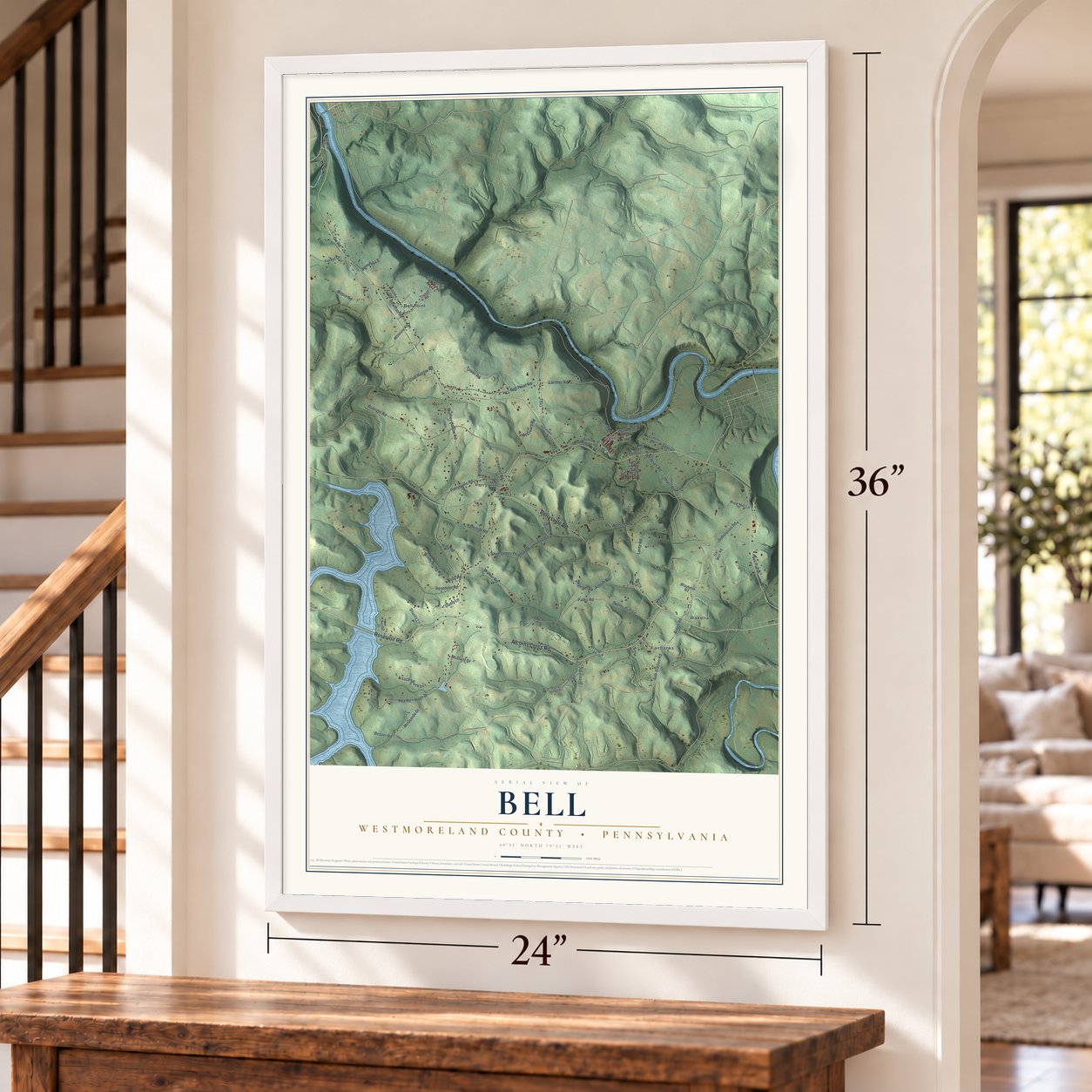 Bell, Westmoreland County, Pennsylvania map, 24 x 36 inch print in a white frame by a staircase