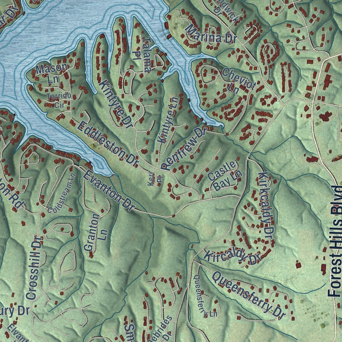 Second close-up of the map of Bella Vista, Arkansas print showing more streets and buildings