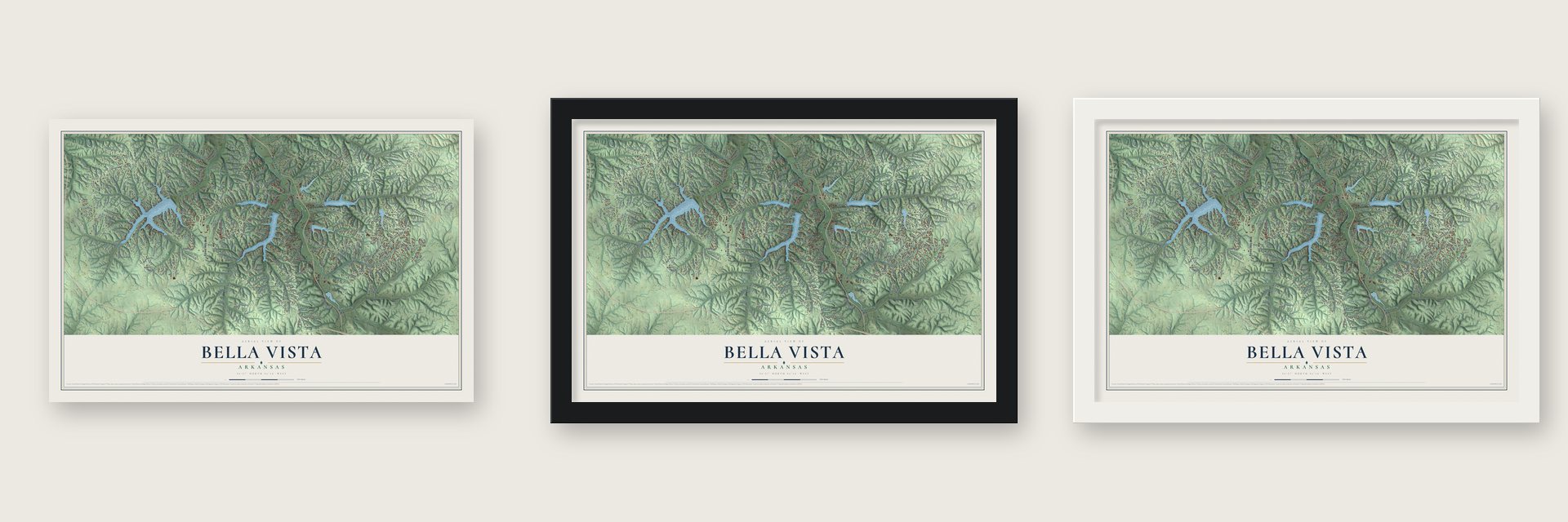 Bella Vista, Arkansas map unframed, in a black wood frame and in a white wood frame