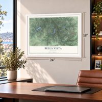 Bella Vista, Arkansas map, 18 x 24 inch print in a white frame in a home office