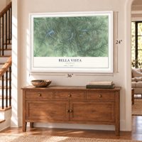 Bella Vista, Arkansas map, 24 x 36 inch print in a white frame above a dresser by a staircase
