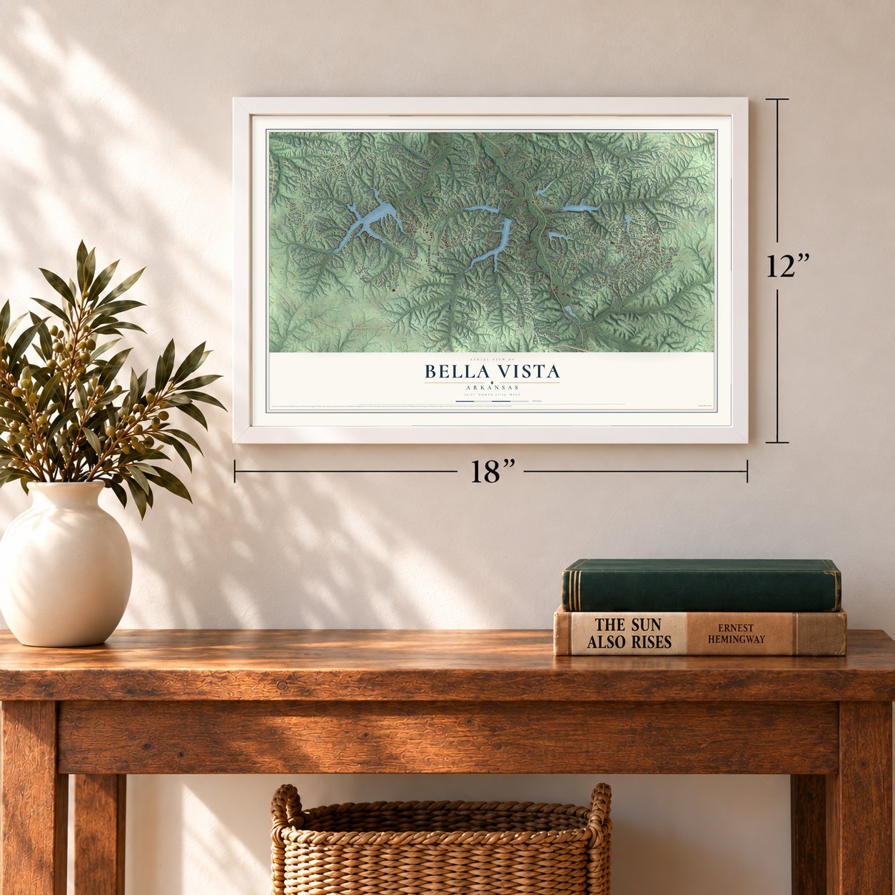 Bella Vista, Arkansas map, 12 x 18 inch print in a white frame in an entryway