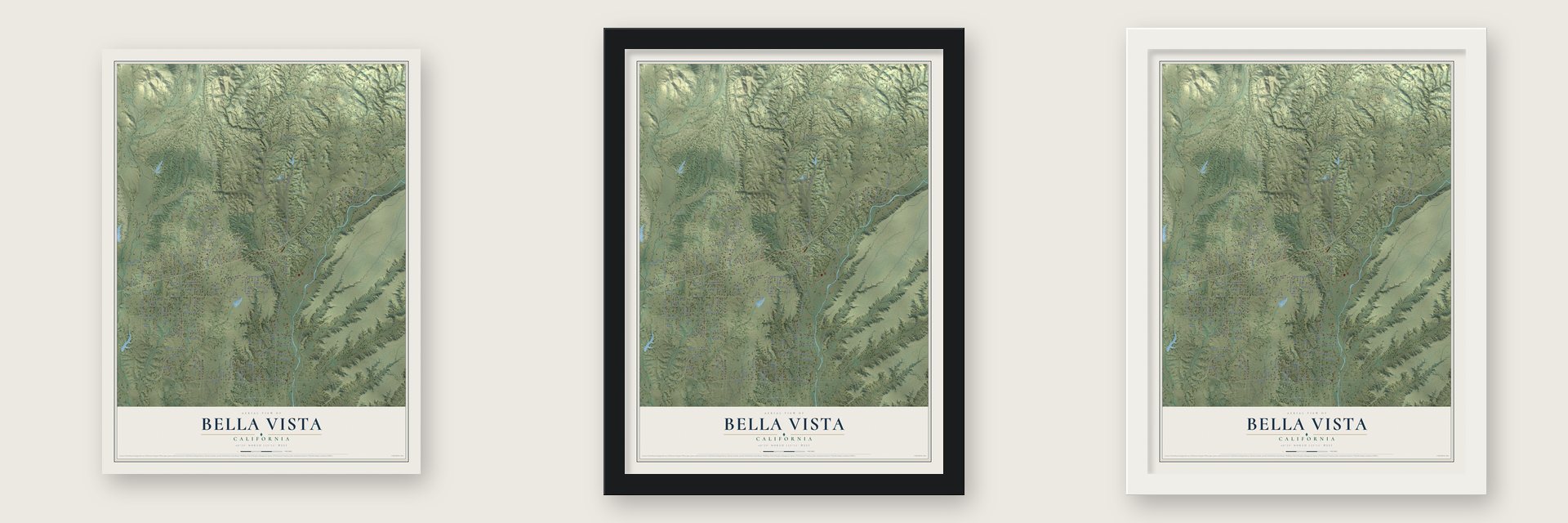 Bella Vista, California map unframed, in a black wood frame and in a white wood frame