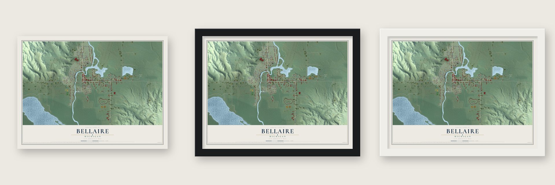 Bellaire, Michigan map unframed, in a black wood frame and in a white wood frame