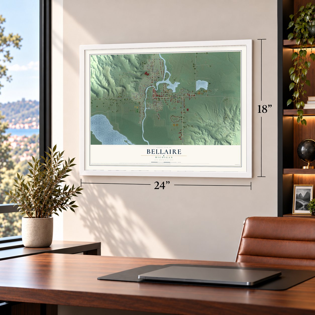 Bellaire, Michigan map, 18 x 24 inch print in a white frame in a home office