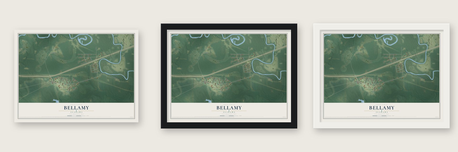Bellamy, Alabama map unframed, in a black wood frame and in a white wood frame