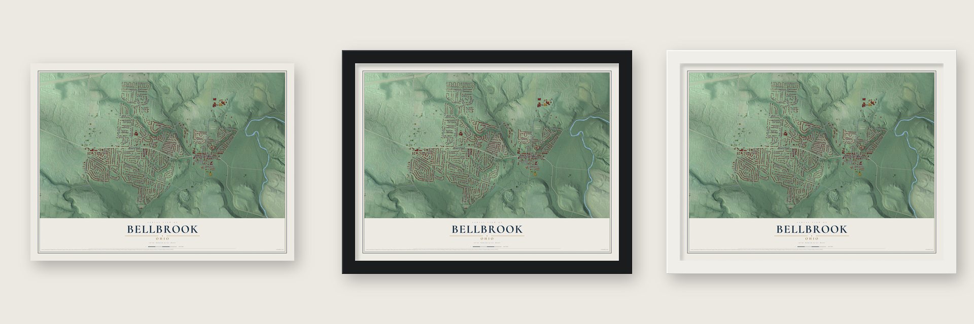 Bellbrook, Ohio map unframed, in a black wood frame and in a white wood frame