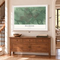 Bellbrook, Ohio map, 24 x 36 inch print in a white frame above a dresser by a staircase