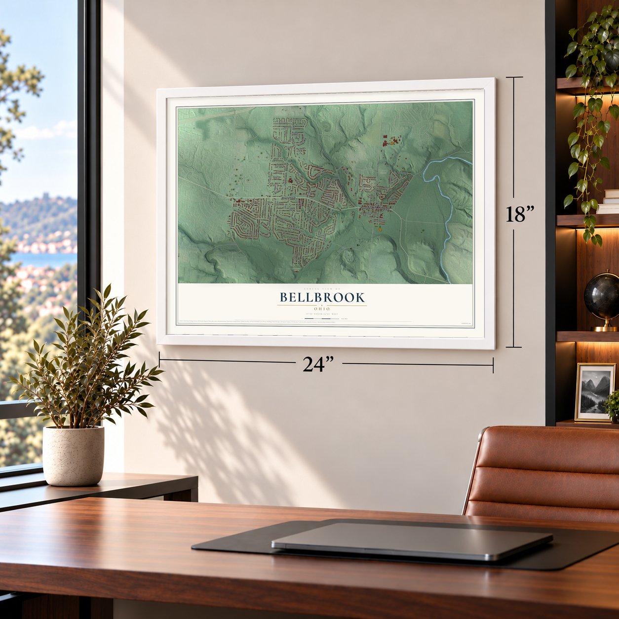 Bellbrook, Ohio map, 18 x 24 inch print in a white frame in a home office