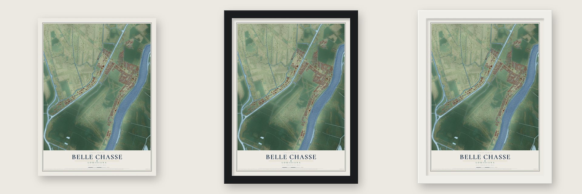 Belle Chasse, Louisiana map unframed, in a black wood frame and in a white wood frame