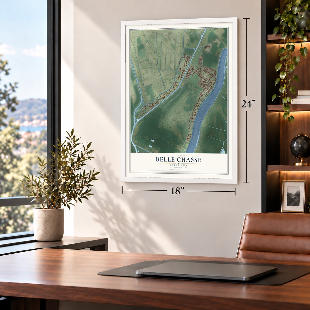 Belle Chasse, Louisiana map, 18 x 24 inch print in a white frame in a home office