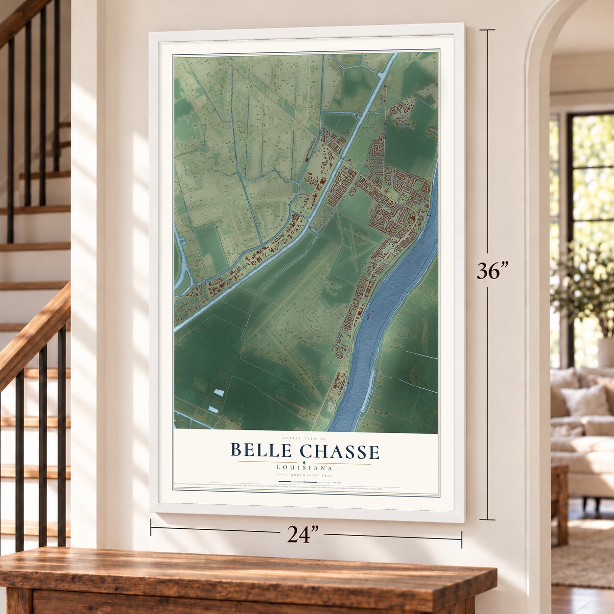 Belle Chasse, Louisiana map, 24 x 36 inch print in a white frame by a staircase