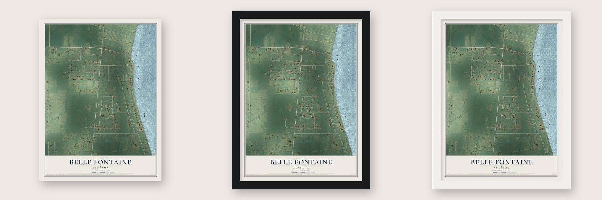 Belle Fontaine, Alabama map unframed, in a black wood frame and in a white wood frame