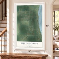 Belle Fontaine, Alabama map, 24 x 36 inch print in a white frame by a staircase