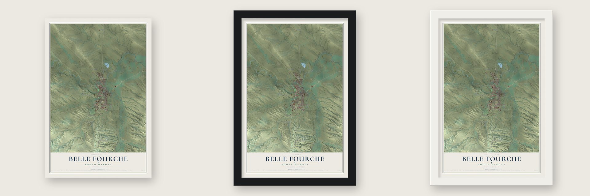 Belle Fourche, South Dakota map unframed, in a black wood frame and in a white wood frame