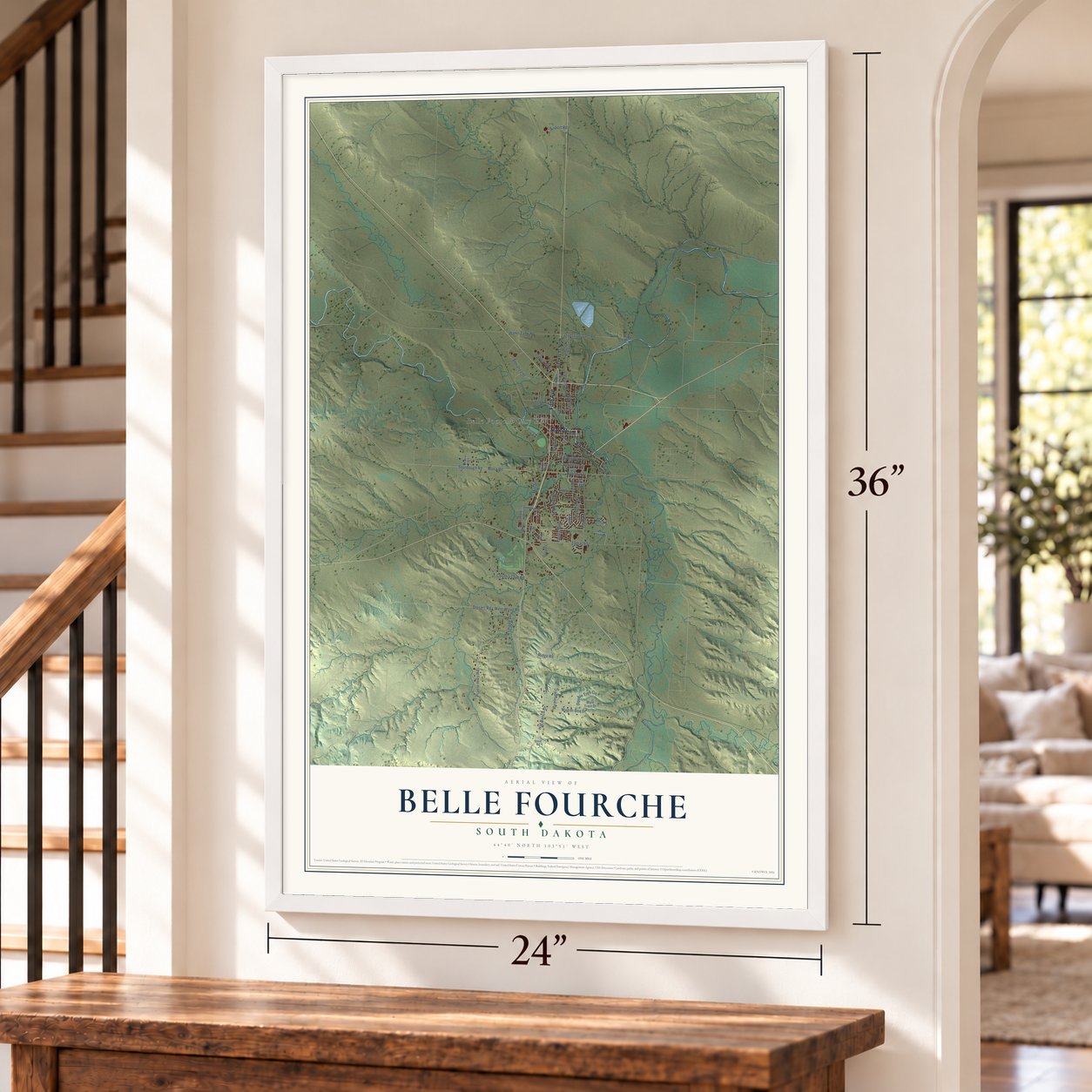Belle Fourche, South Dakota map, 24 x 36 inch print in a white frame by a staircase