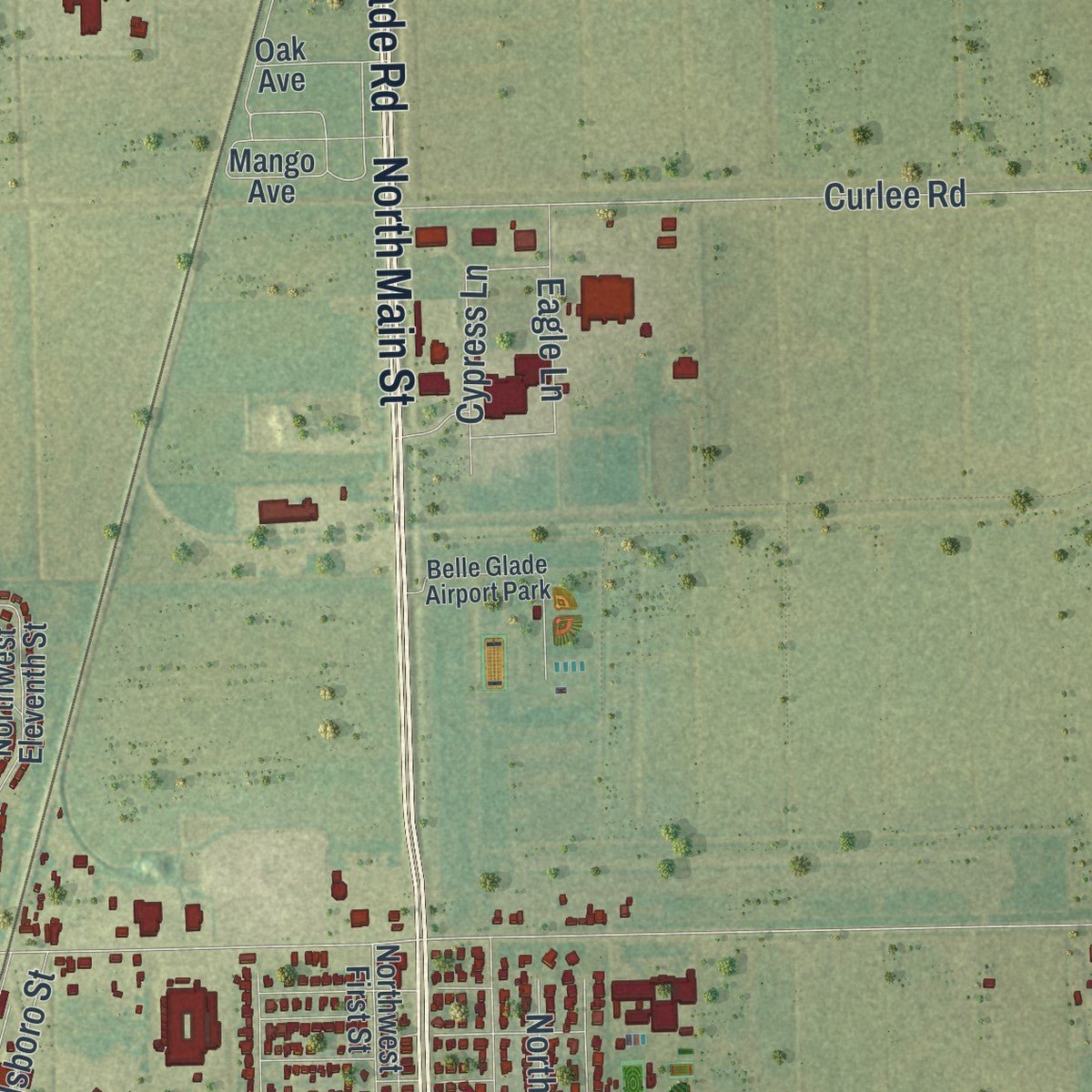 Second close-up of the map of Belle Glade, Florida print showing more streets and buildings