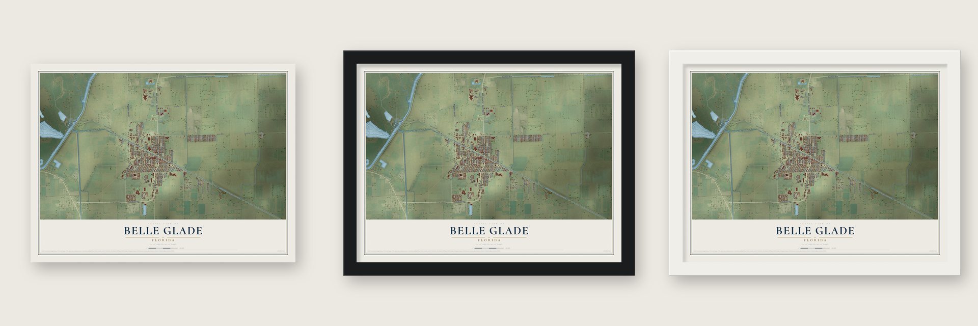 Belle Glade, Florida map unframed, in a black wood frame and in a white wood frame