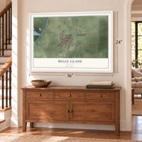 Belle Glade, Florida map, 24 x 36 inch print in a white frame above a dresser by a staircase