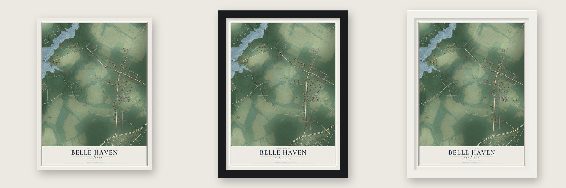 Belle Haven, Virginia map unframed, in a black wood frame and in a white wood frame