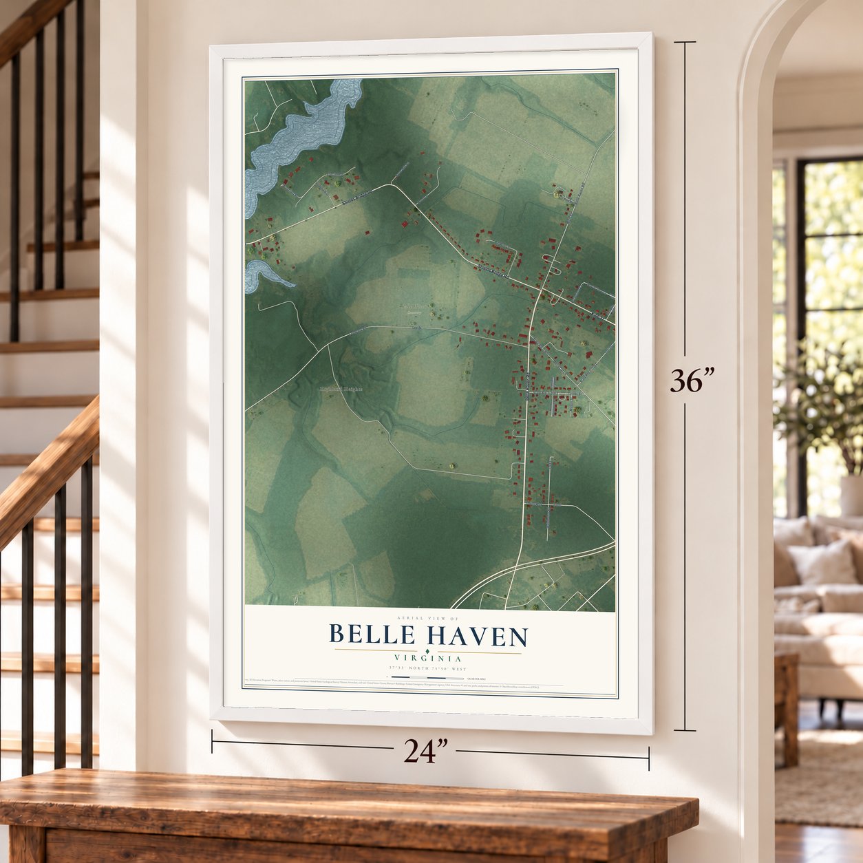 Belle Haven, Virginia map, 24 x 36 inch print in a white frame by a staircase