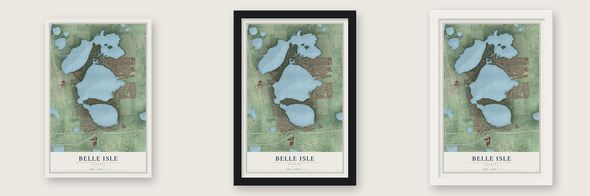 Belle Isle, Florida map unframed, in a black wood frame and in a white wood frame