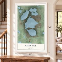 Belle Isle, Florida map, 24 x 36 inch print in a white frame by a staircase