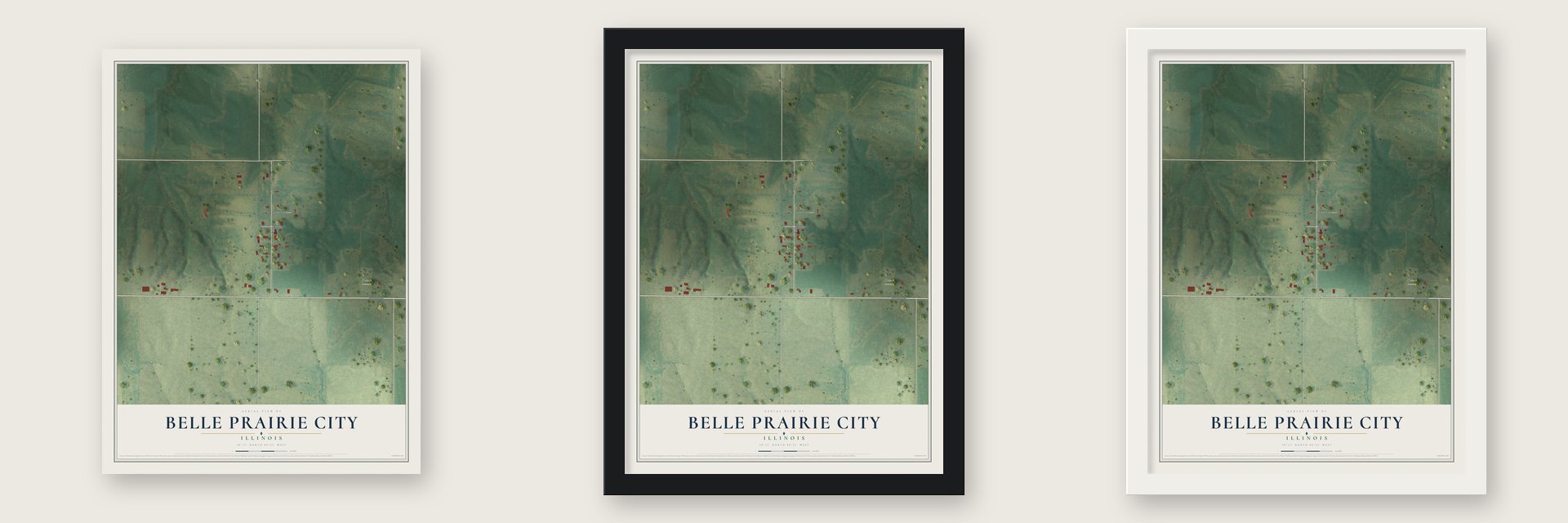 Belle Prairie City, Illinois map unframed, in a black wood frame and in a white wood frame