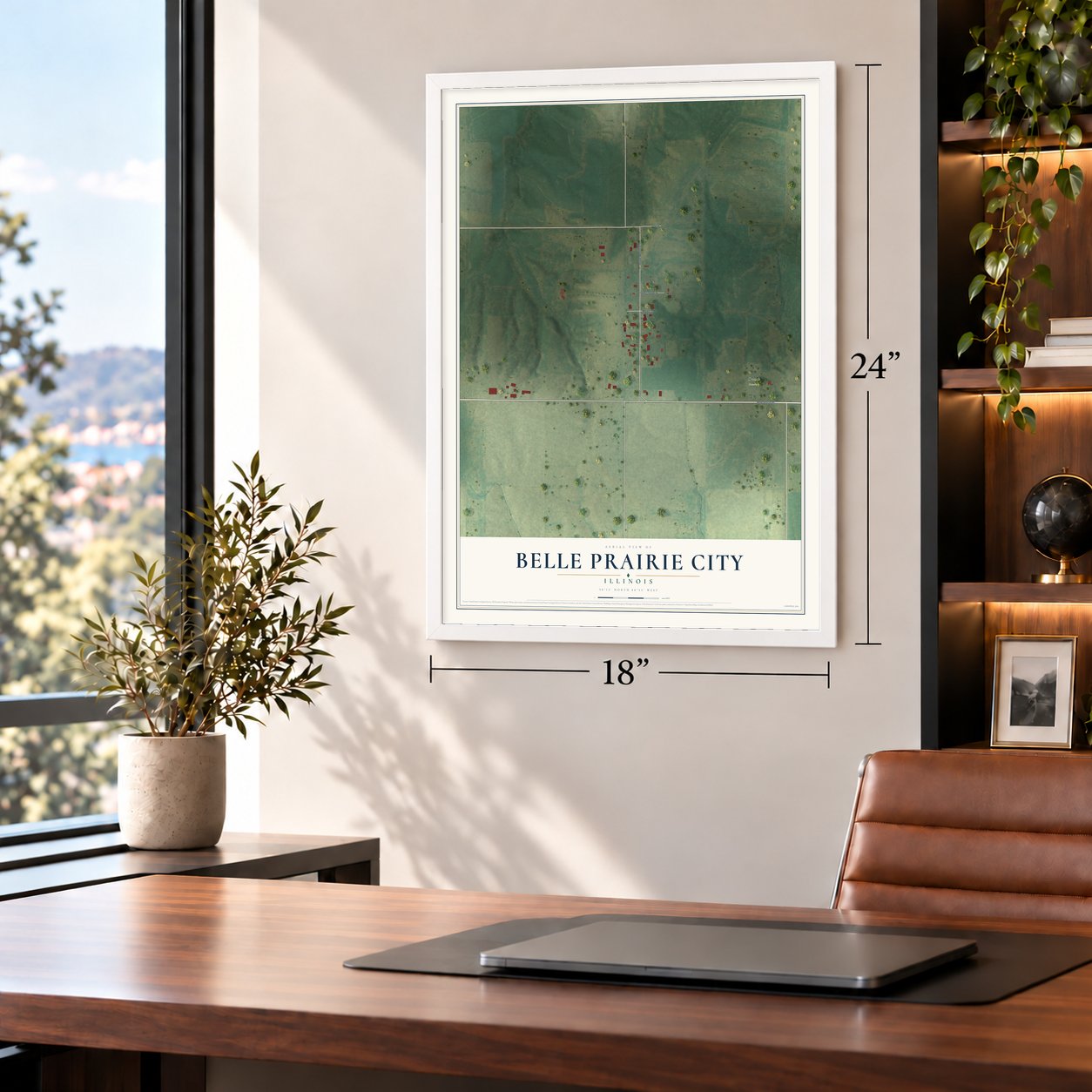 Belle Prairie City, Illinois map, 18 x 24 inch print in a white frame in a home office