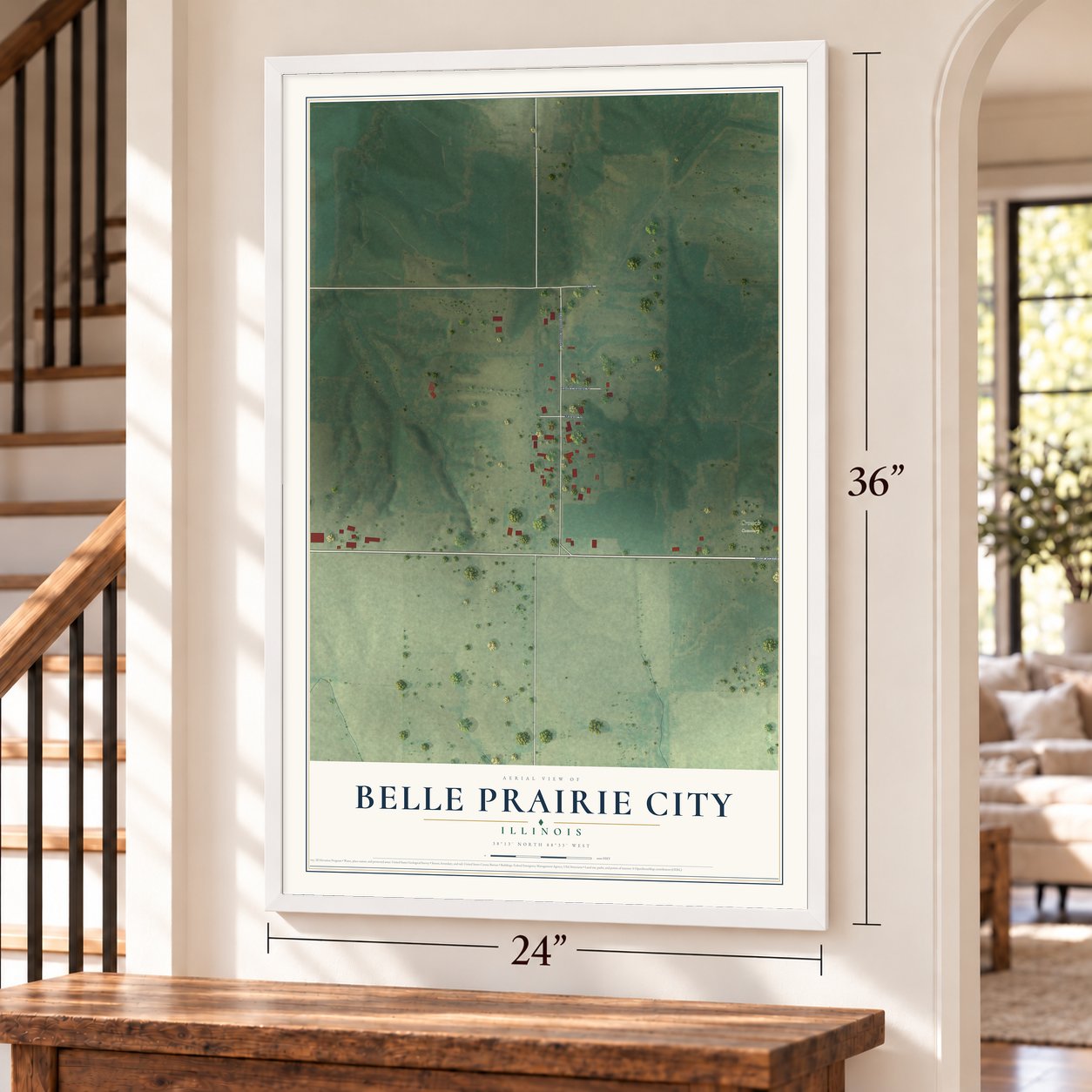 Belle Prairie City, Illinois map, 24 x 36 inch print in a white frame by a staircase