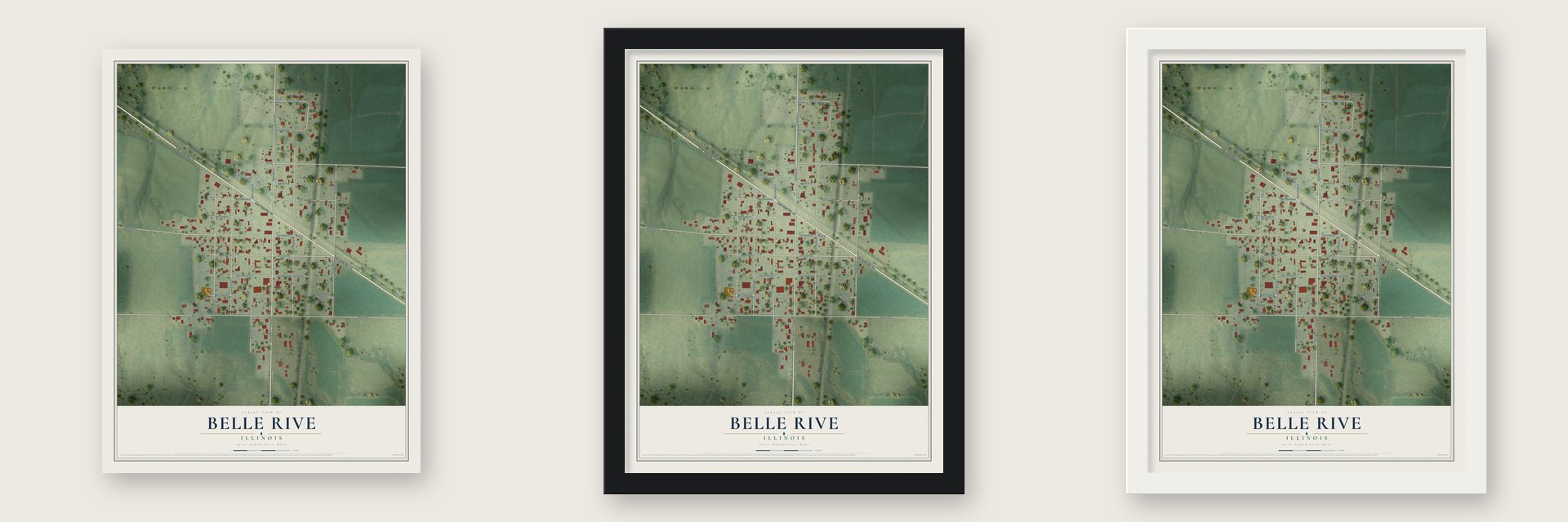 Belle Rive, Illinois map unframed, in a black wood frame and in a white wood frame