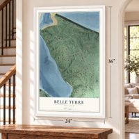 Belle Terre, New York map, 24 x 36 inch print in a white frame by a staircase
