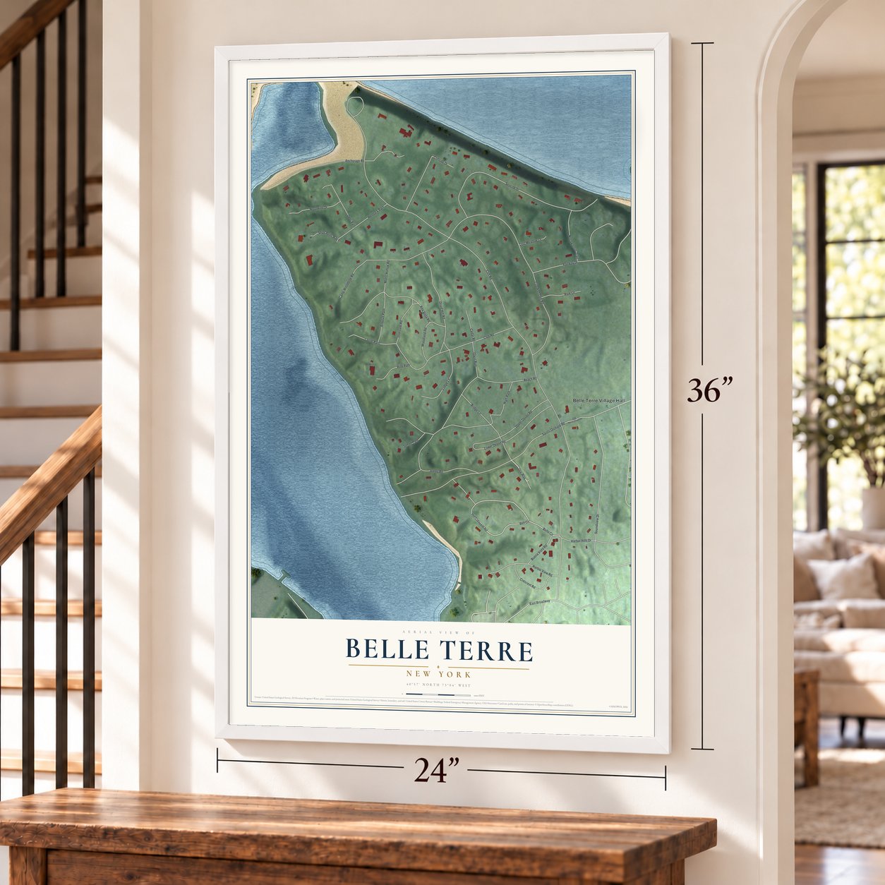 Belle Terre, New York map, 24 x 36 inch print in a white frame by a staircase