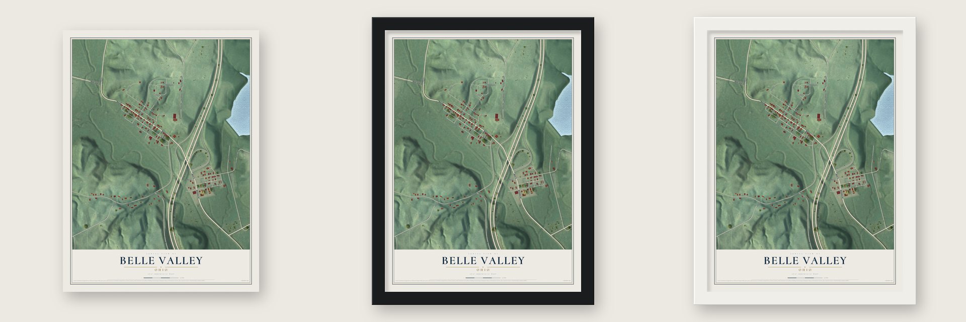 Belle Valley, Ohio map unframed, in a black wood frame and in a white wood frame