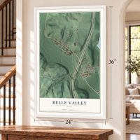Belle Valley, Ohio map, 24 x 36 inch print in a white frame by a staircase