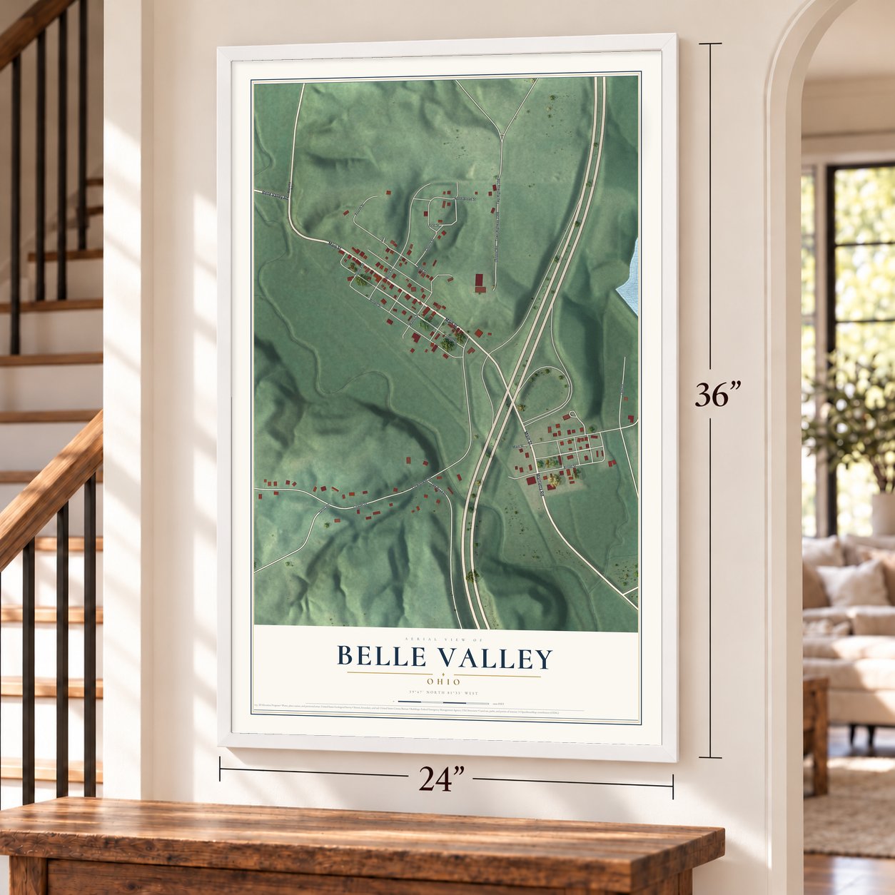 Belle Valley, Ohio map, 24 x 36 inch print in a white frame by a staircase