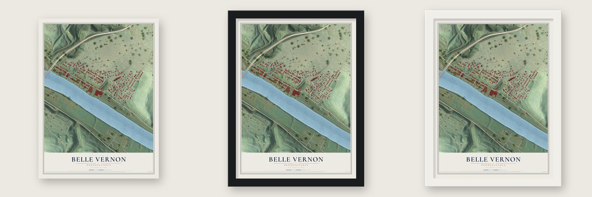 Belle Vernon, Pennsylvania map unframed, in a black wood frame and in a white wood frame
