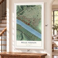 Belle Vernon, Pennsylvania map, 24 x 36 inch print in a white frame by a staircase