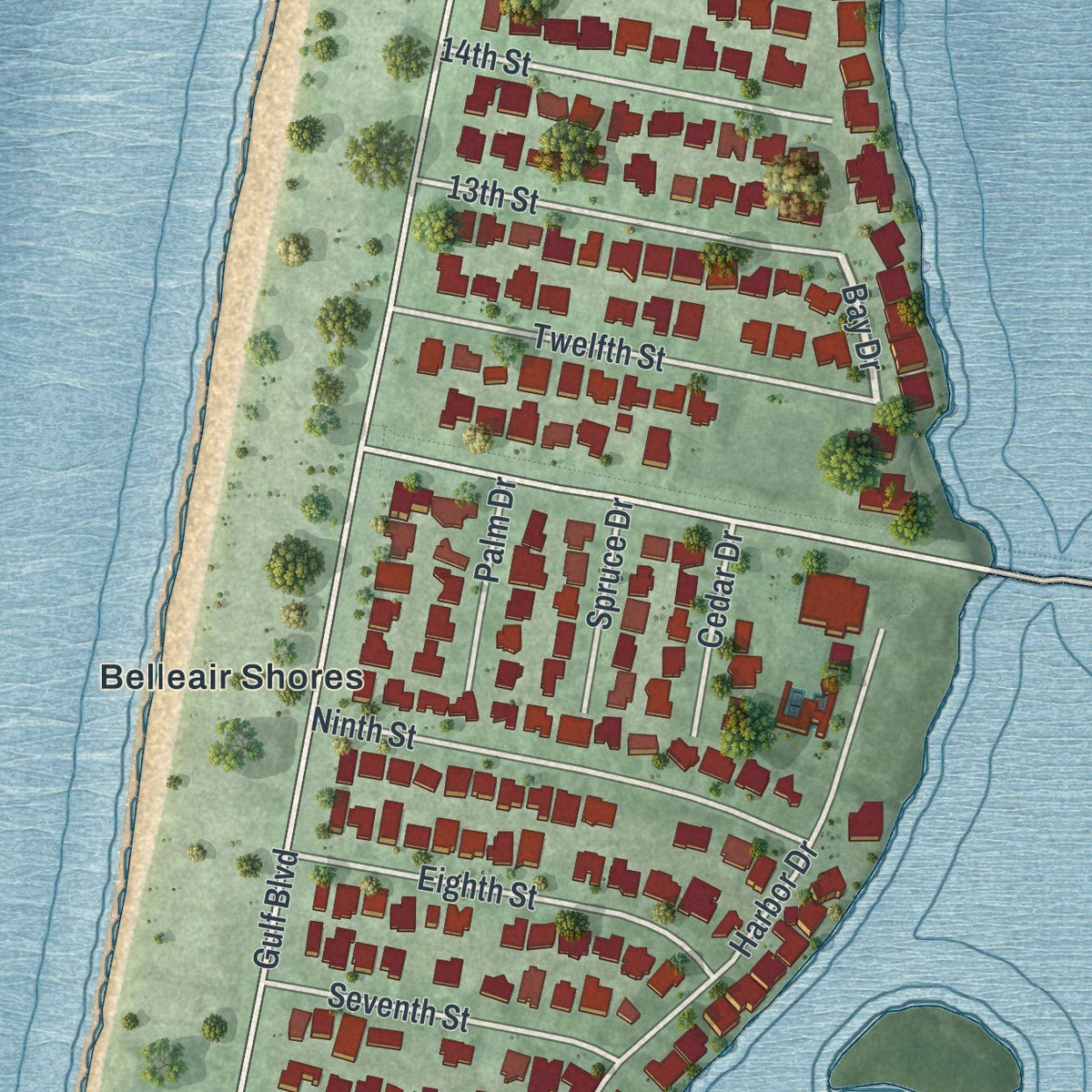 Second close-up of the map of Belleair Beach, Florida print showing more streets and buildings