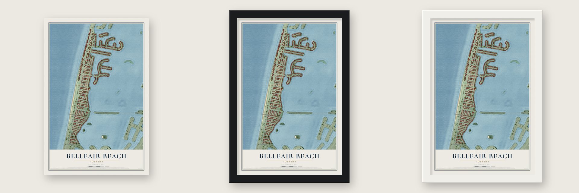 Belleair Beach, Florida map unframed, in a black wood frame and in a white wood frame